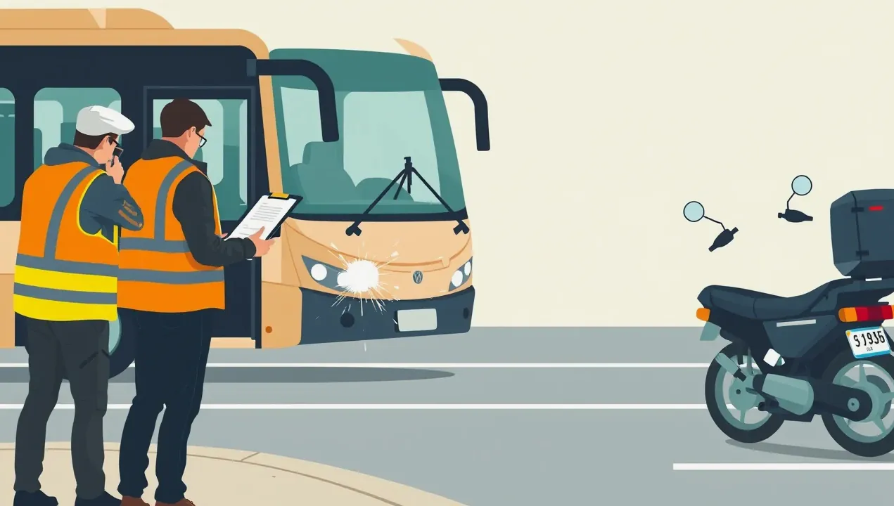 Autobus odstavený pri krajnici po dopravnej nehode s privolanou políciou