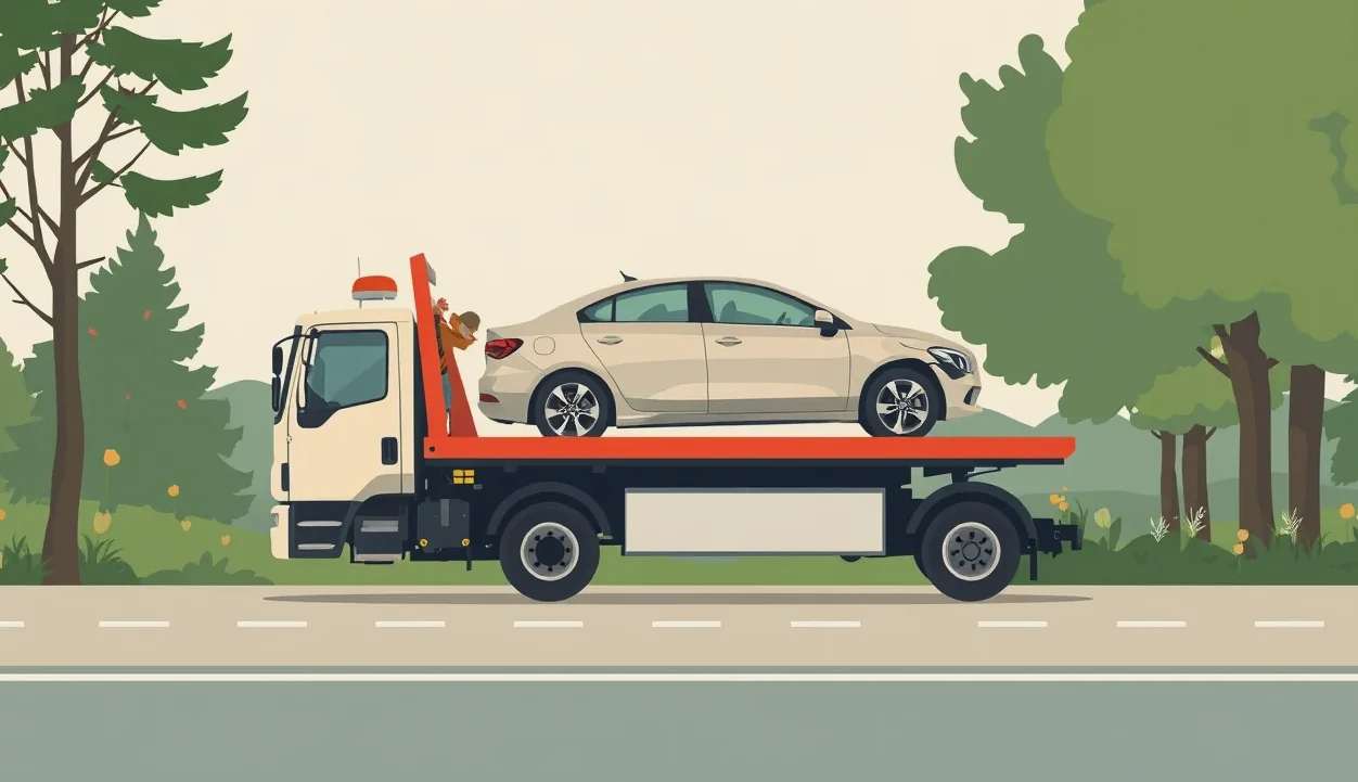 Žlté odťahové vozidlo nakladá nepojazdné osobné auto na diaľnici