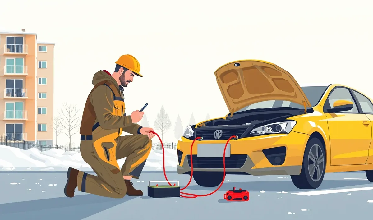 Mechanik cestnej služby štartuje auto cez štartovacie káble v zime