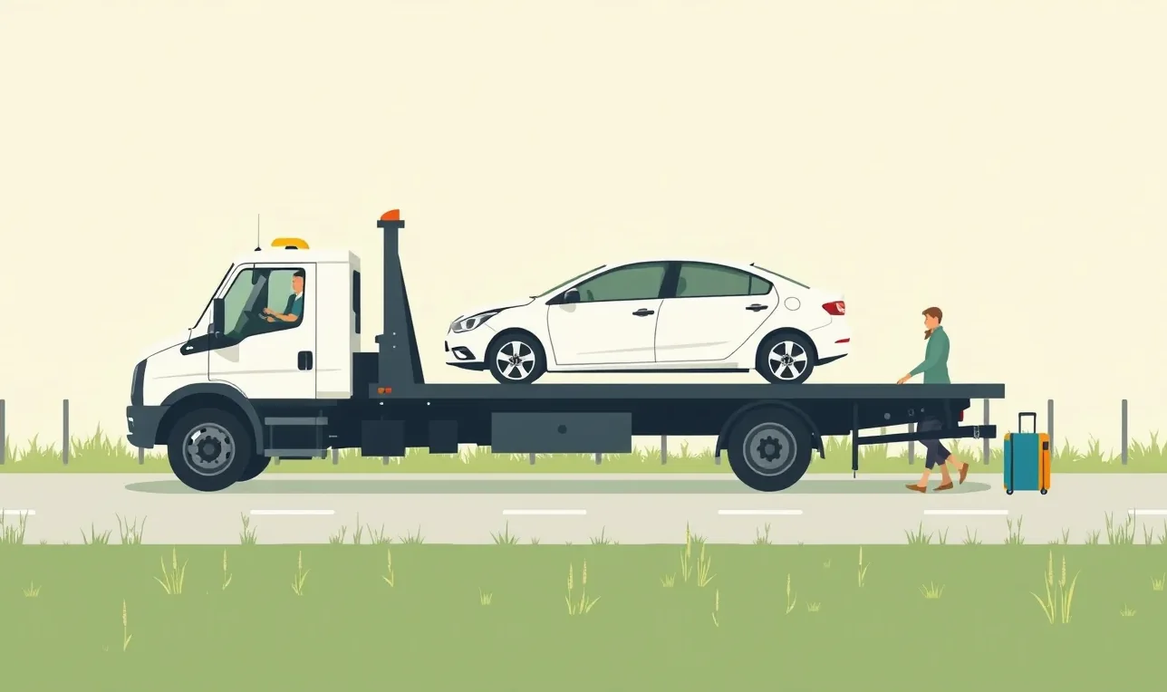 Žlté asistenčné vozidlo a mechanik nakladajúci nepojazdné osobné auto na odťahový špeciál pri diaľnici