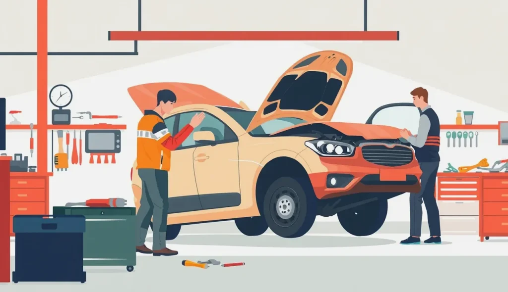 Automechanik v servise kontroluje poškodený nárazník a radarový senzor asistenčného systému moderného vozidla