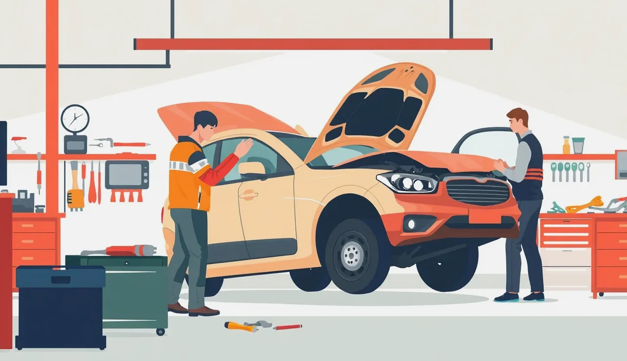 Automechanik v servise kontroluje poškodený nárazník a radarový senzor asistenčného systému moderného vozidla