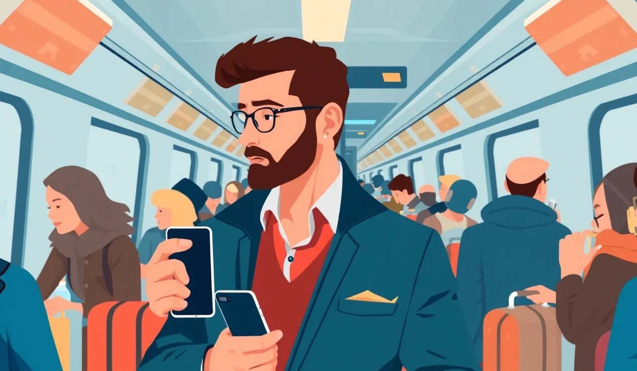 Cestovateľ s kufrom a letenkou kontroluje mobilnú aplikáciu na letisku