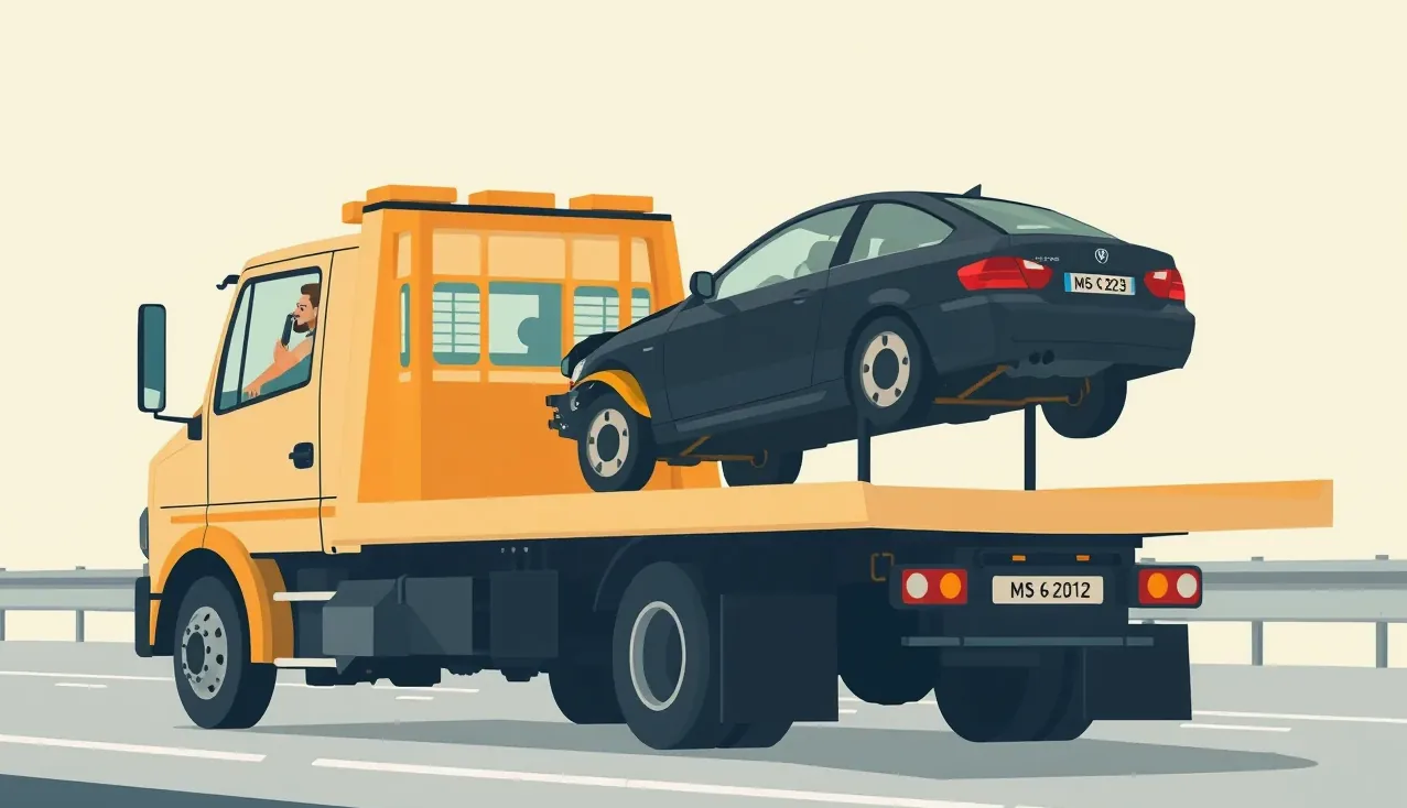 Odťahové vozidlo nakladá nepojazdný osobný automobil na diaľničnom odpočívadle