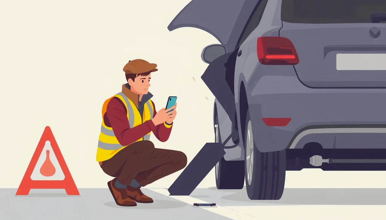 Žlté odťahové vozidlo nakladá nepojazdné osobné auto pri krajnici na diaľnici