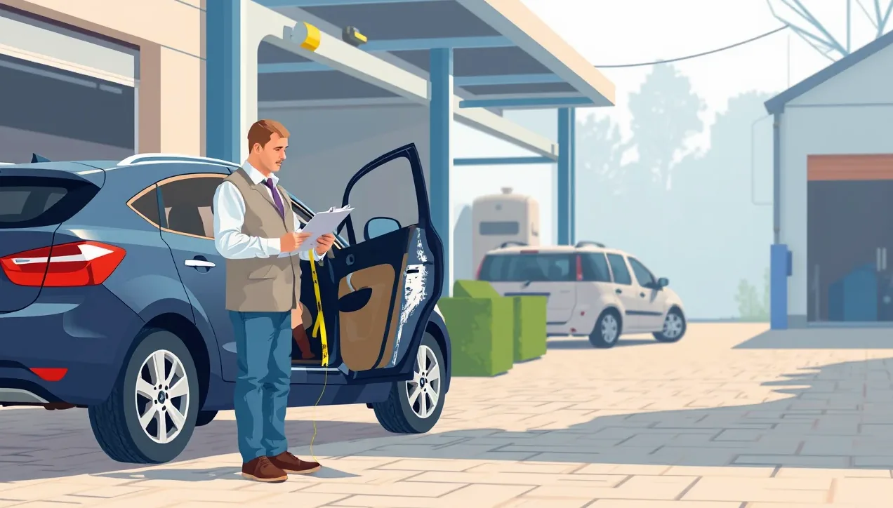 Automechanik kontroluje poškodený predný nárazník dodávky pri obhliadke