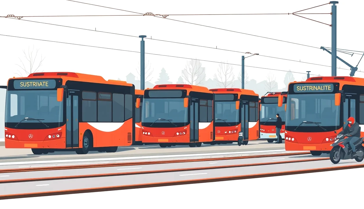 Detail zasnežených koľajníc v mestskej zástavbe s prichádzajúcou električkou
