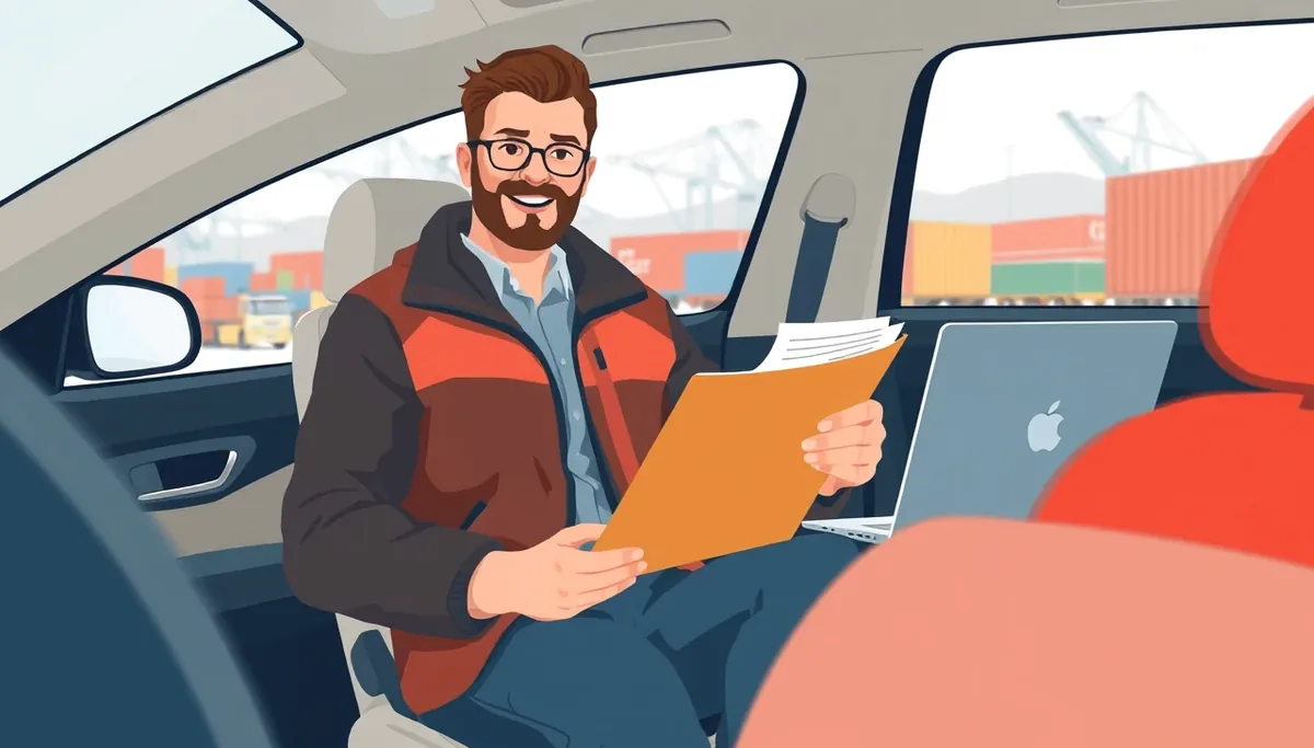 Prístavný žeriav nakladá prepravný kontajner s automobilom na nákladnú loď