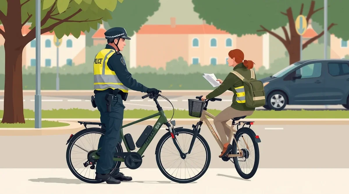 Policajná hliadka kontrolujúca doklady cyklistu na cyklotrase