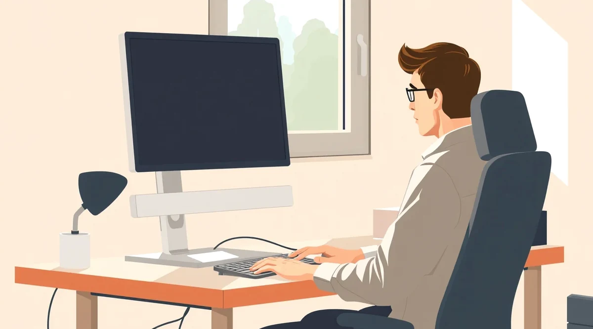 Programátor pracujúci v textovom editore na dvoch monitoroch v kancelárii