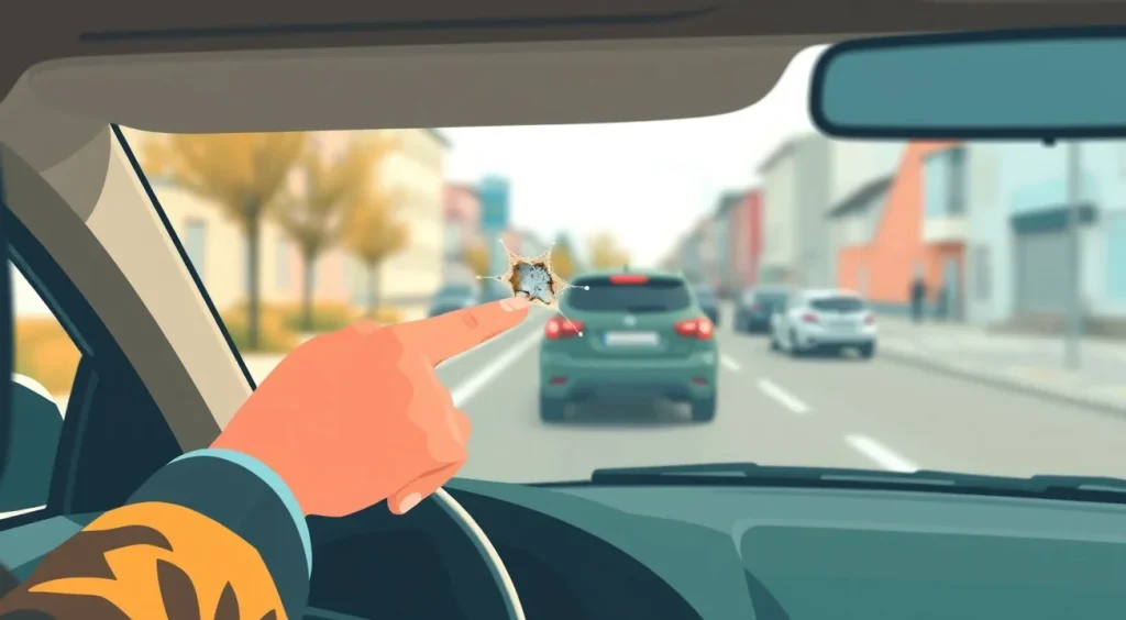 Prasknuté čelné sklo na osobnom automobile po náraze kamienka na diaľnici