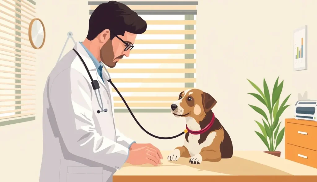 Veterinárny lekár vyšetruje psa na klinike pred cestou do zahraničia