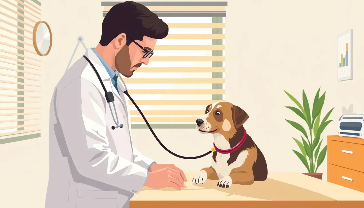 Veterinárny lekár vyšetruje psa na klinike pred cestou do zahraničia