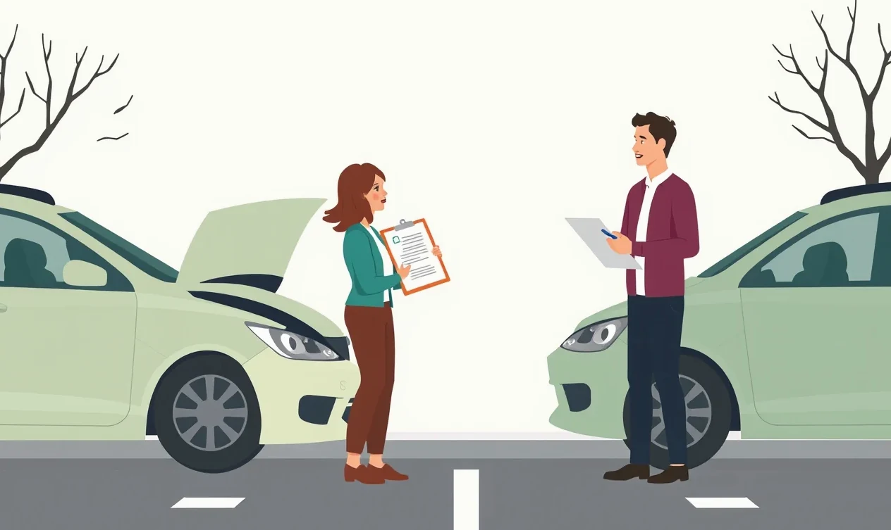 Vodič pri osobnom automobile kontrolujúci poistnú zmluvu po nehode