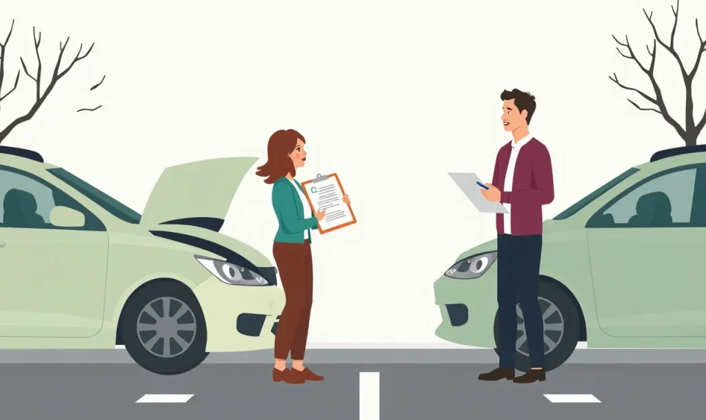 Vodič pri osobnom automobile kontrolujúci poistnú zmluvu po nehode
