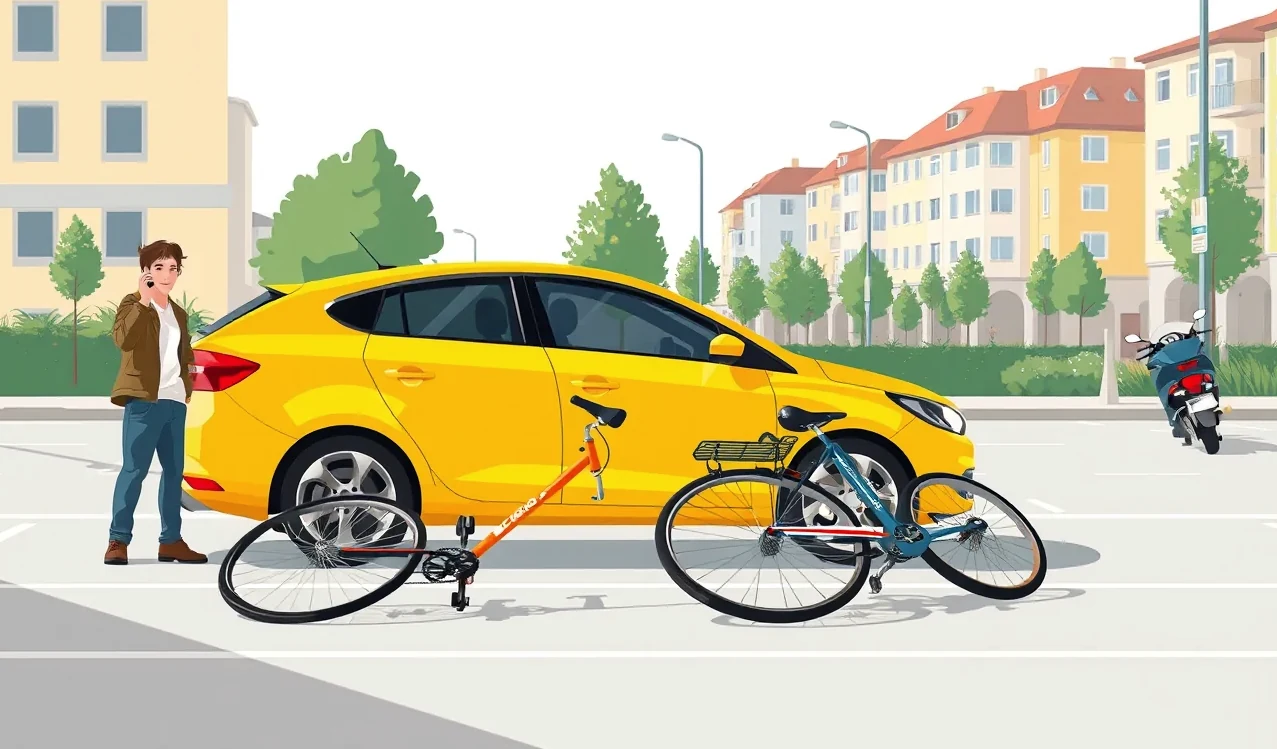 Poškodené osobné auto a prevrátený bicykel na krajnici cesty