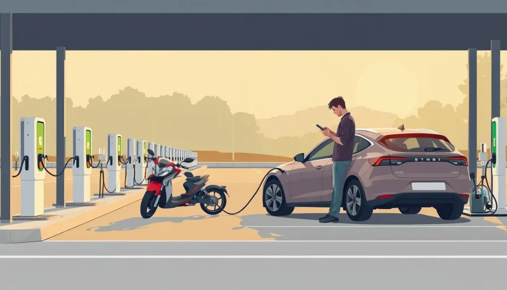 Nabíjanie moderného elektromobilu na nabíjacej stanici pomocou pripojeného kábla