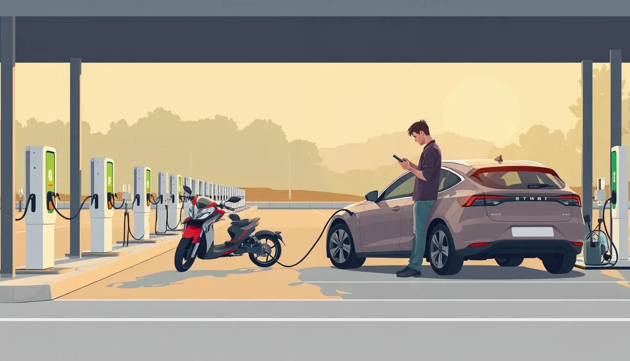 Nabíjanie moderného elektromobilu na nabíjacej stanici pomocou pripojeného kábla