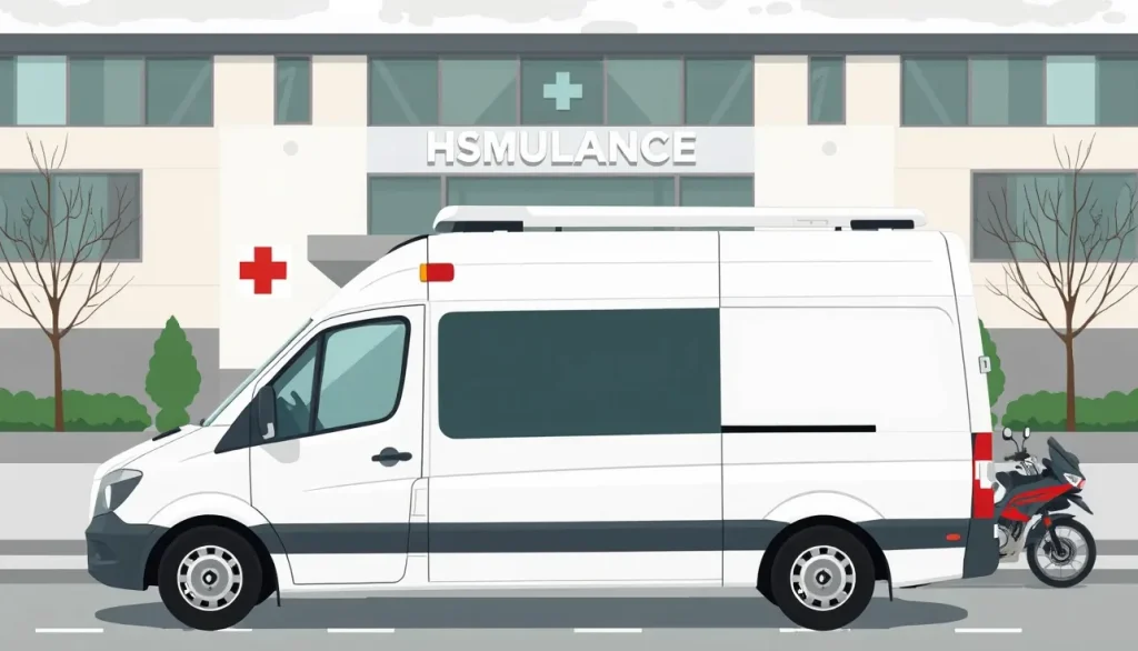 Žltá zásahová sanitka s rozsvietenými modrými majákmi stojaca na mestskej križovatke