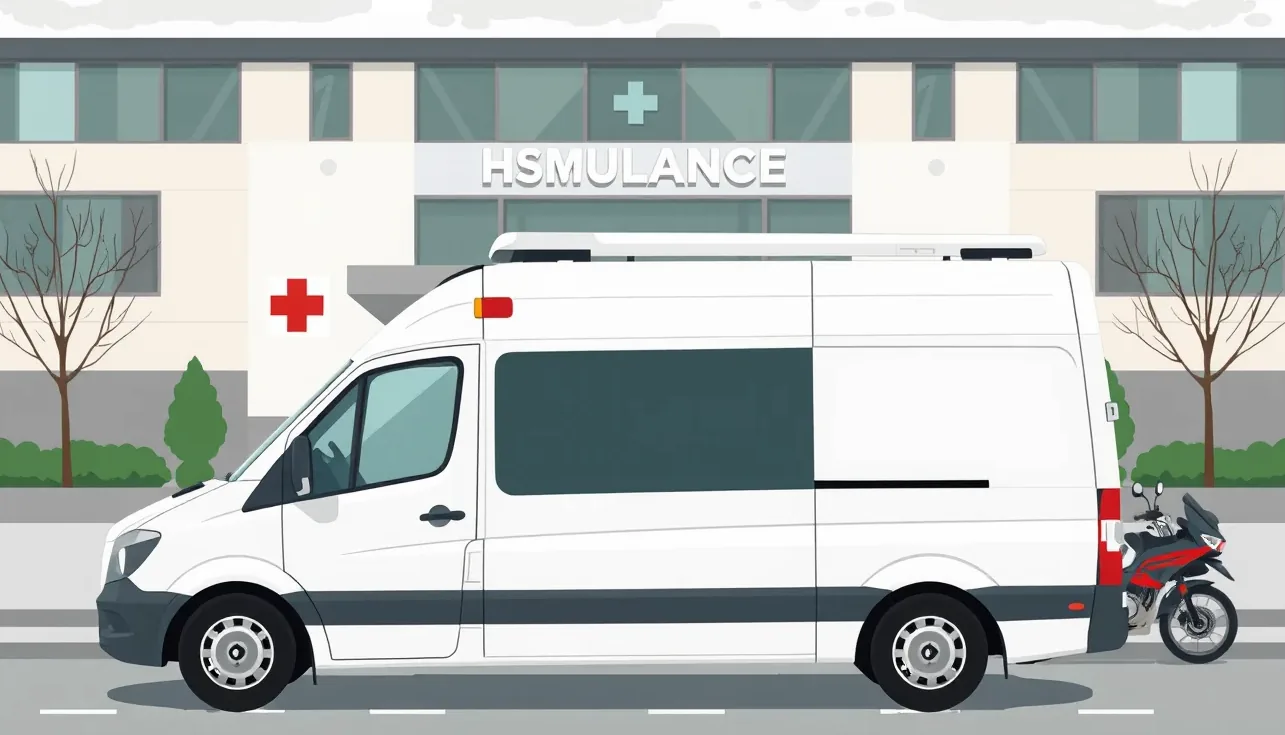 Žltá zásahová sanitka s rozsvietenými modrými majákmi stojaca na mestskej križovatke
