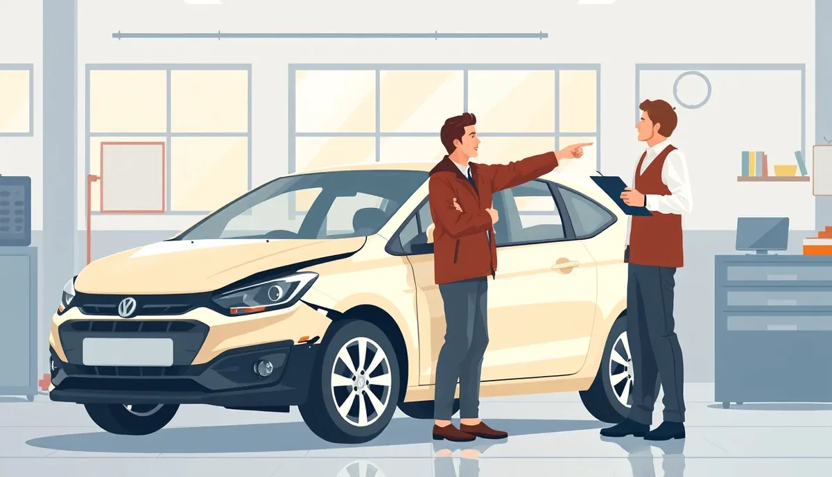Mechanik v autoservise kontroluje poškodený nárazník vozidla na zdviháku
