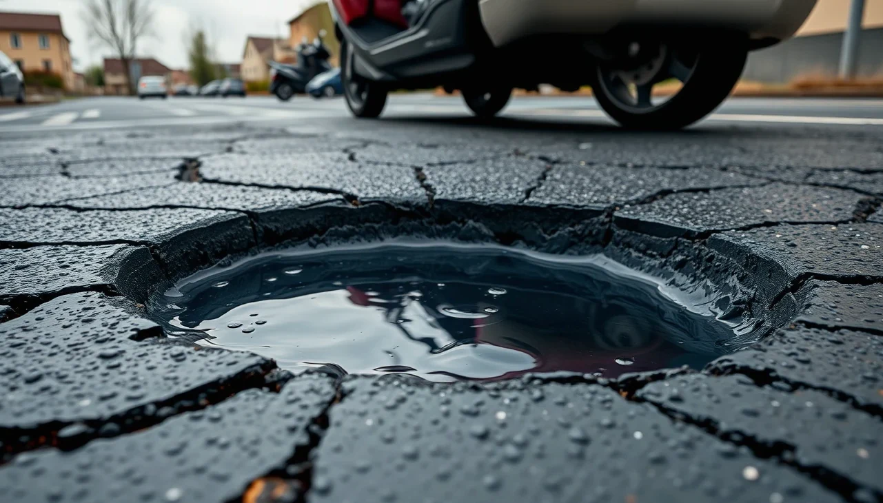 Dve havarované osobné autá odstavené na krajnici po kolízii na poškodenej vozovke