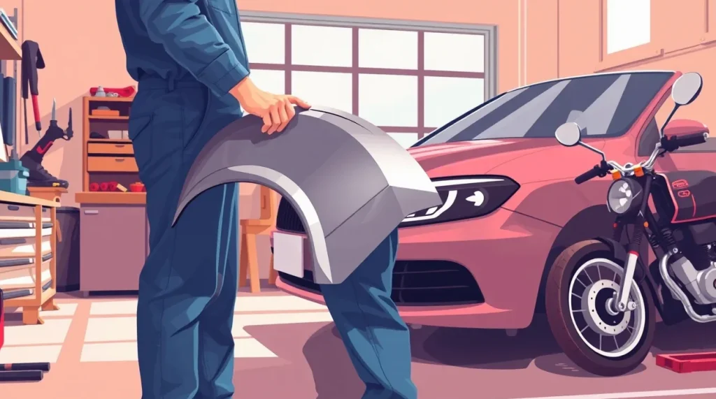 Automechanik kontroluje poškodené motorové vozidlo na zdviháku v autoservise