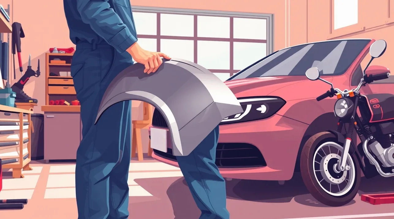 Automechanik kontroluje poškodené motorové vozidlo na zdviháku v autoservise