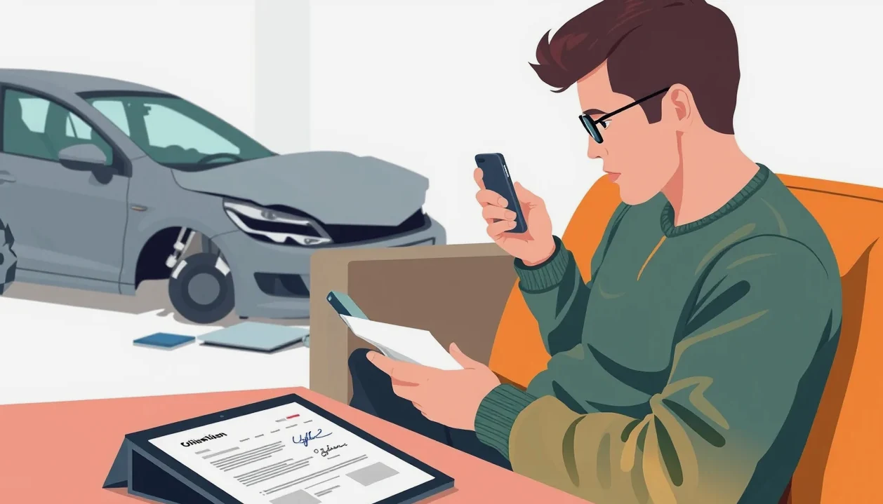 Mladý vodič podpisuje písomnú výpoveď poistnej zmluvy na auto pri stole